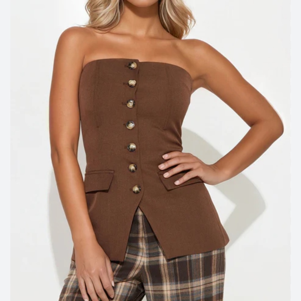 Brown Strapless Button-Down Blouse - image 1